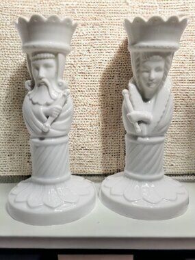 White Porcelain Royal Candle Holders, King Queen Figural Pair Vintage Decor